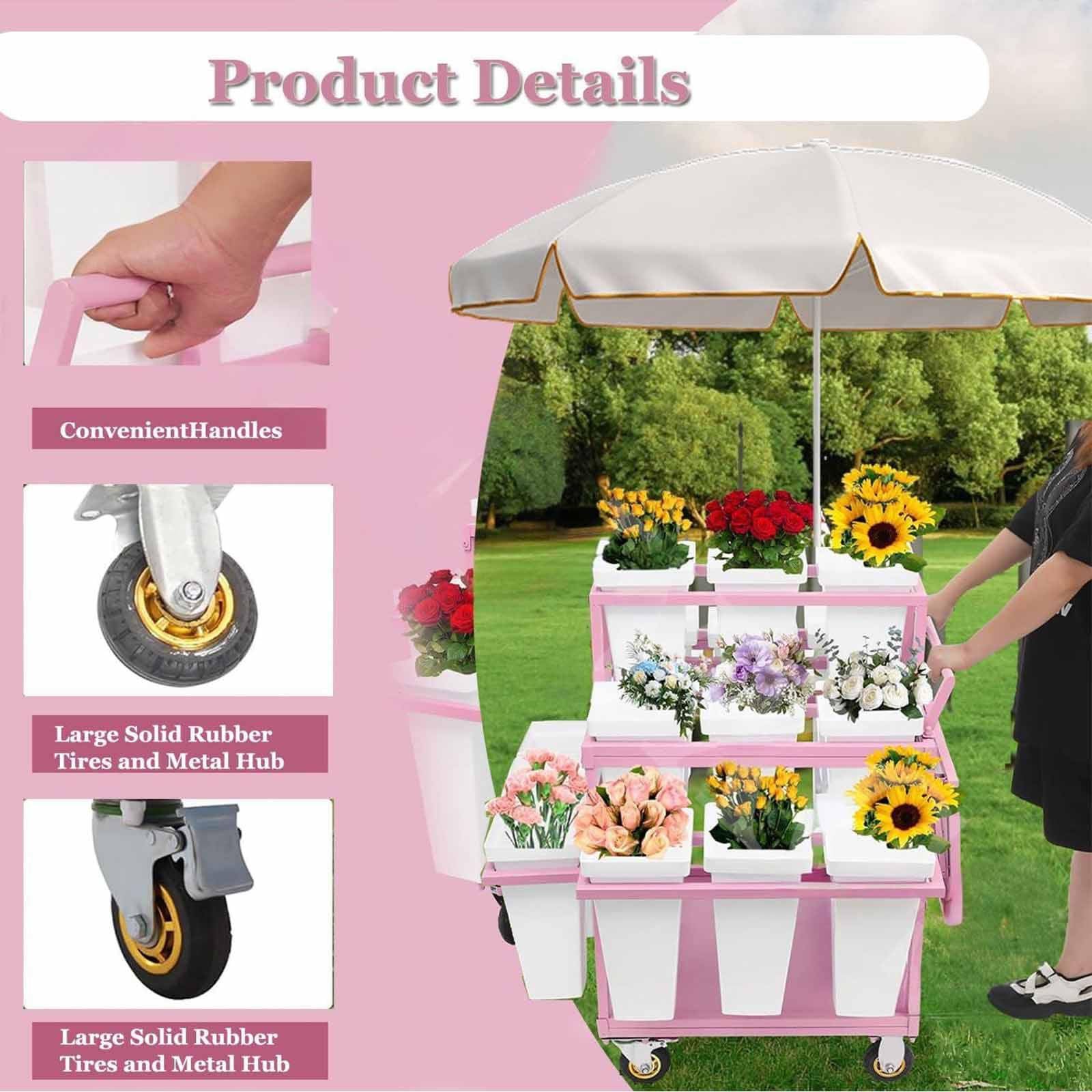 Este Soporte metálico para exhibición de Flores al Aire Libre con Soporte para Flores con 18 Cubos, Soporte para exhibición de Flores con Ruedas, Carrito de Flores para floristería, Patio y