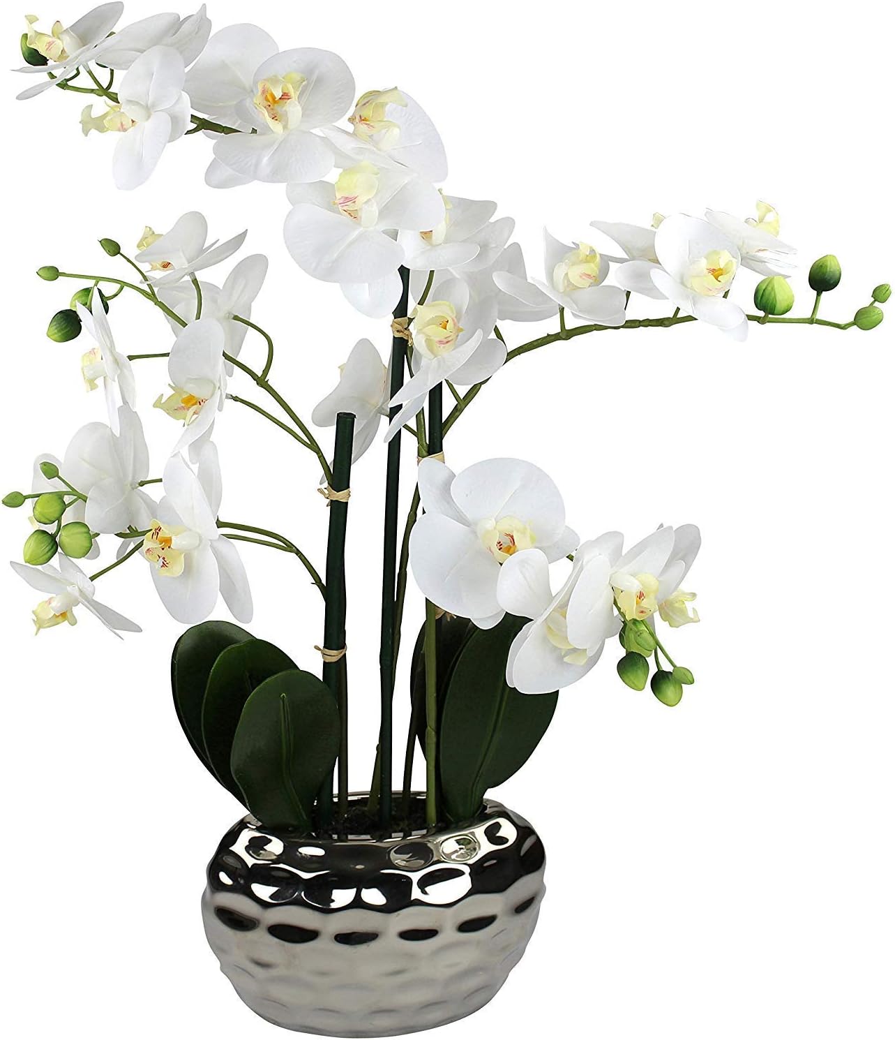 Artificial Flower, Fake Orchid Phalaenopsis Including Textured Metallic-Silver Vase, 24" (White)
