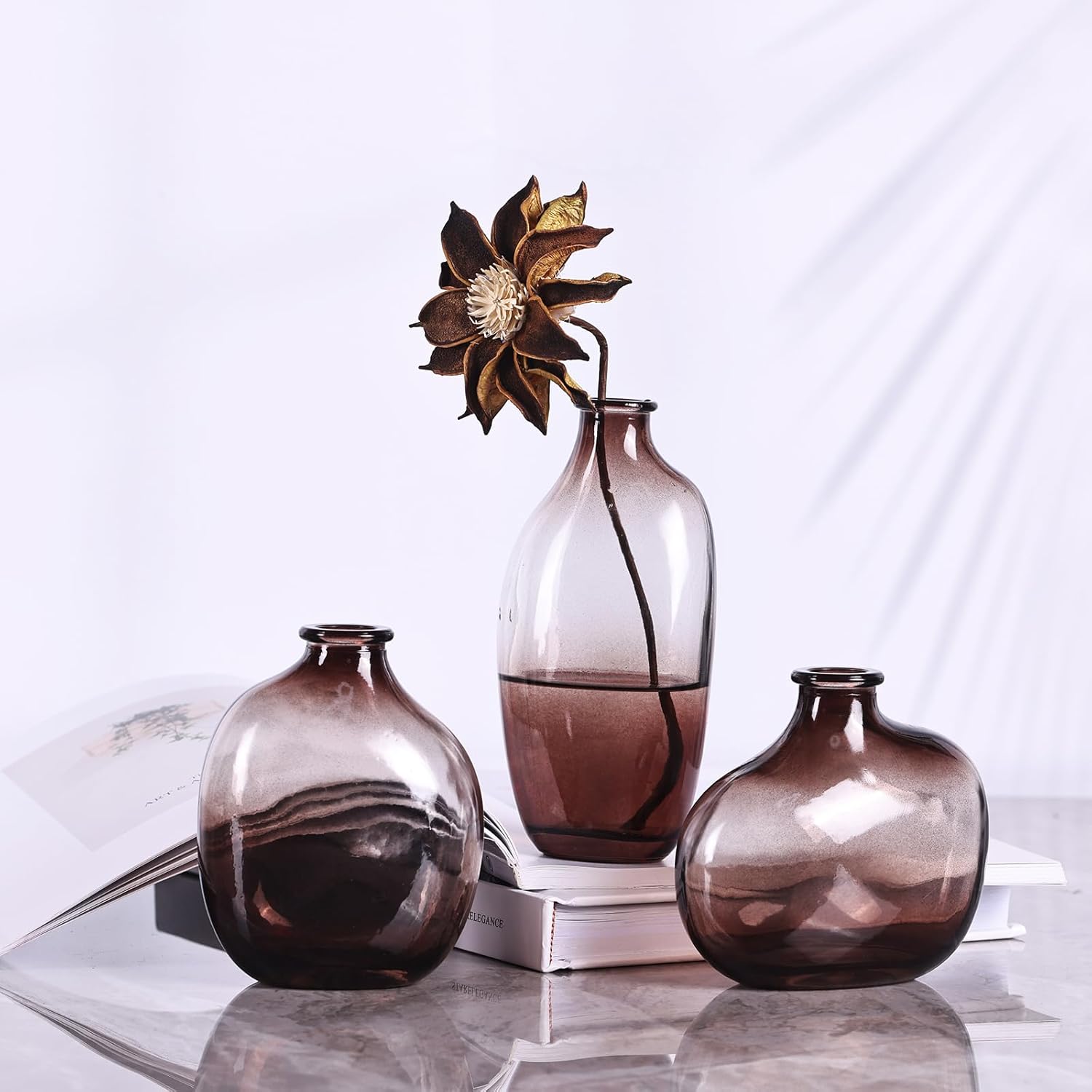 Set of 3 Amber Glass Bud vases, Vintage Small vases for Home Table centerpieces, Wedding Parties, Office, Kitchen Bookshelf Decorations, Bulk mini vases.