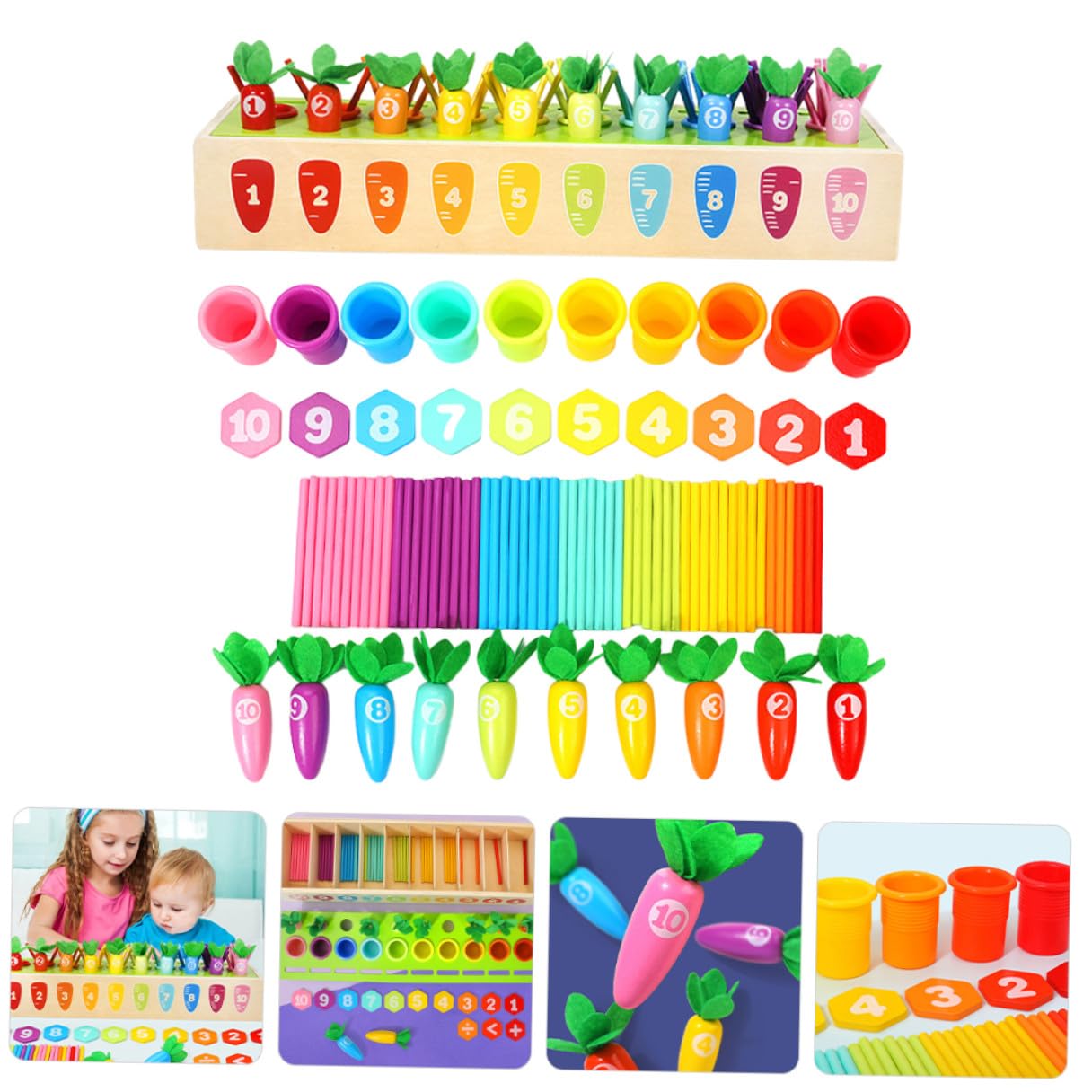 GALPADA Gioco Educativo Montessori Lo Sviluppo Cognitivo in Legno per Bambini Riconoscimento Colori e Numeri Bastoncini a Forma di Carota la Prima età
