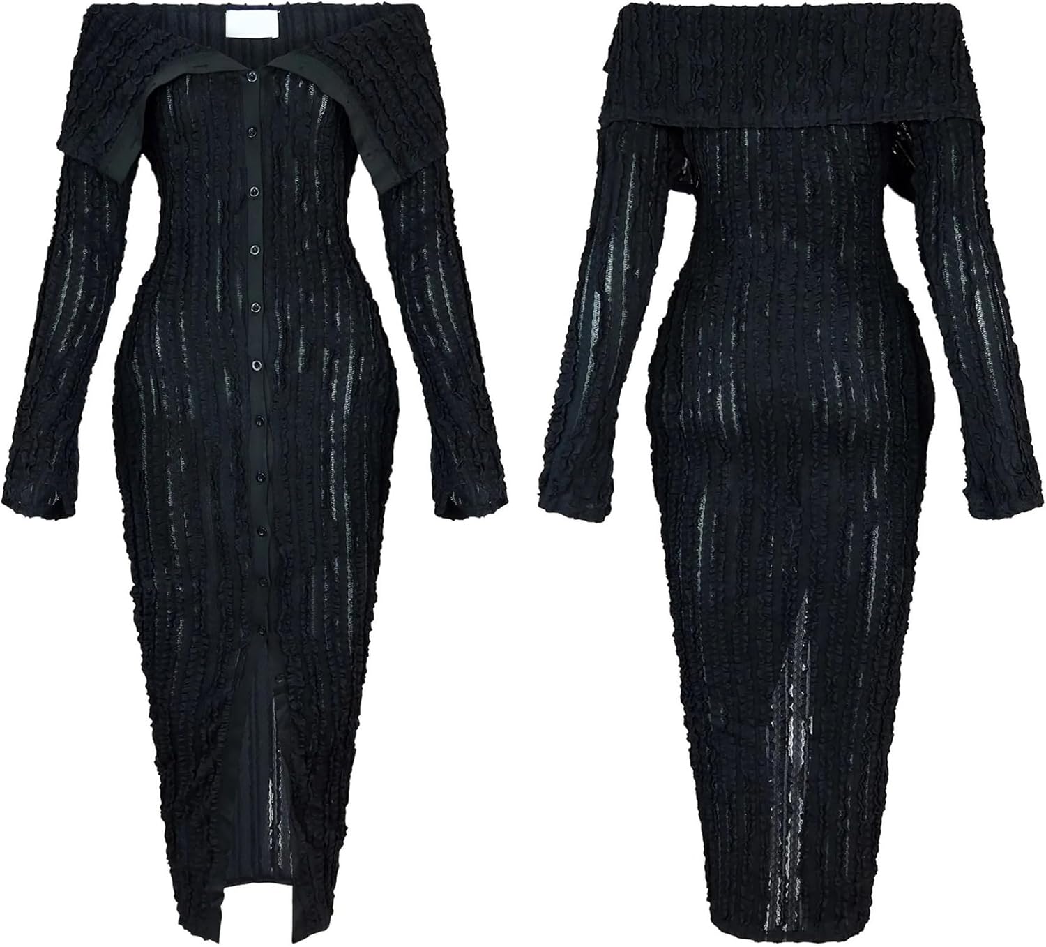 LETSVDO Women's Maxi Off Shoulder Dress Long Sleeve Button Down Ruffle Mesh Bodycon Sexy Dresses Stretchy - Image 5