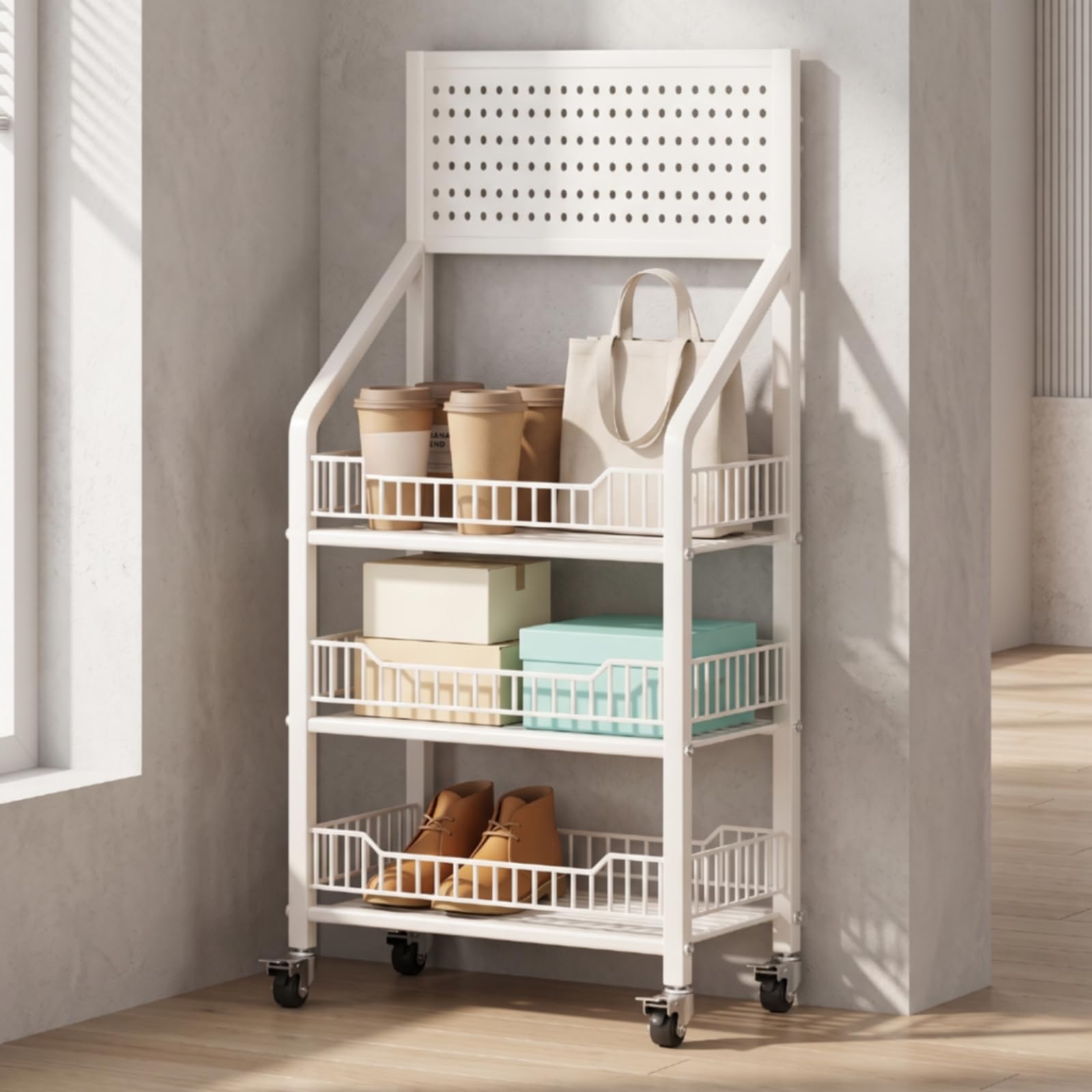 Étagère sur Roulettes avec Crochets Métallique Étagère Rangement avec Roulettes Mobile Meuble pour Cuisine, Bureau, Entrée, Noir, Trois Niveaux 50cm