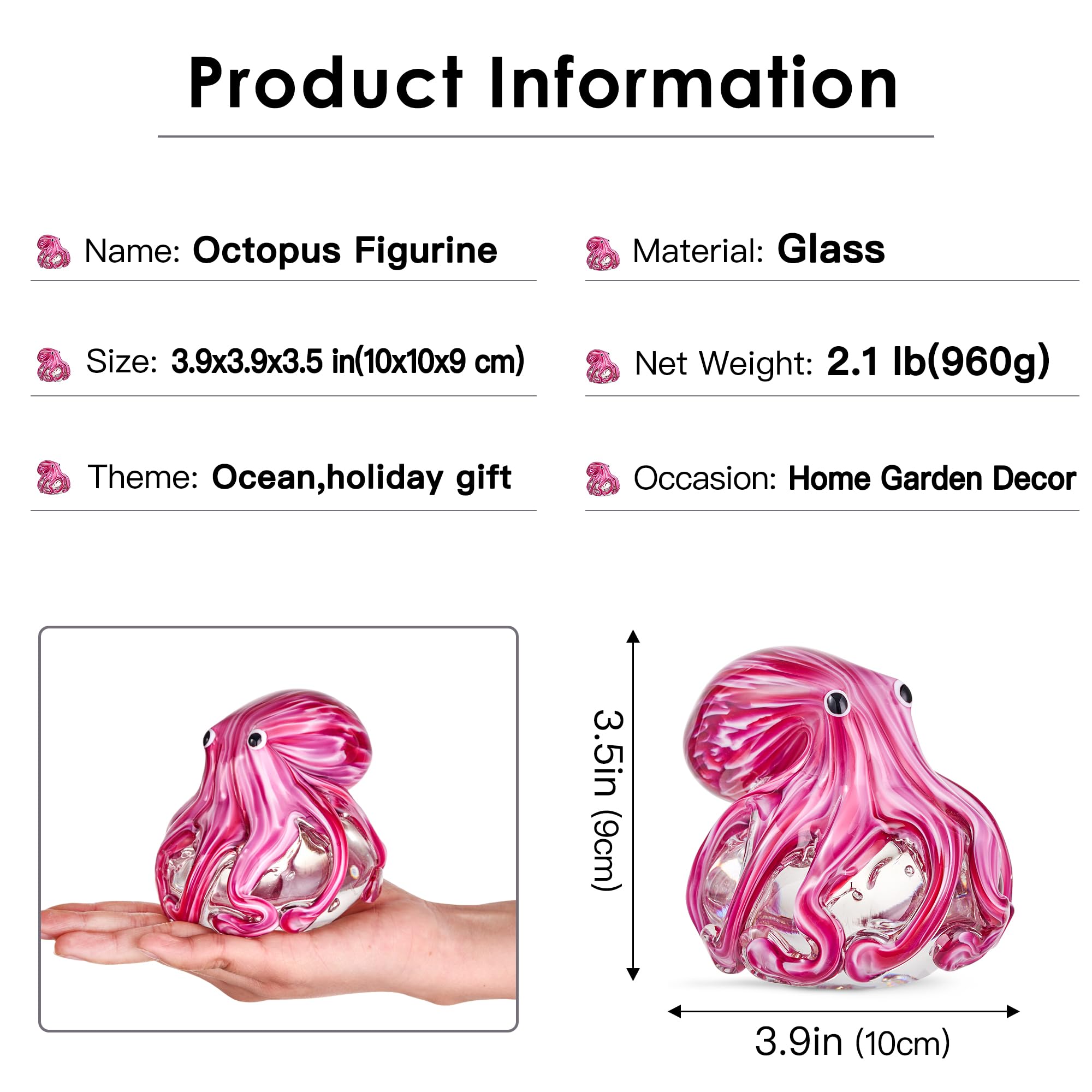 EUSTUMA Figura Decorativa de Pulpo de Vidrio soplado a Mano, Adorno de Animales Marinos para Acuario de pecera, colección de Animales Marinos para Regalo de cumpleaños, pisapapeles de Cristal para