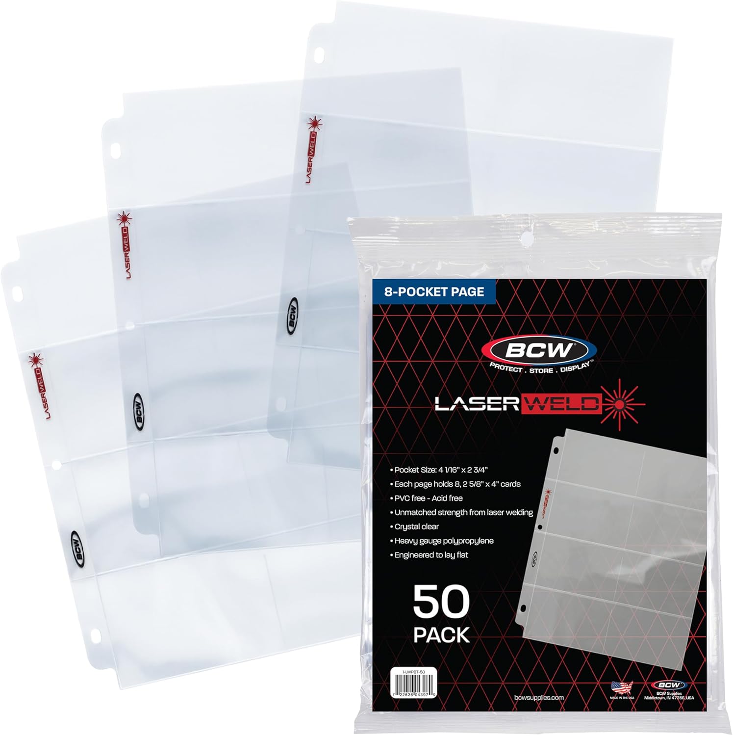 LaserWeld® 8-Pocket Binder Card Sleeves | Card Pages for Binders | Card Sheets for Binder | Card Sleeve Pages for Vintage Sports Cards (1948–1985) | Acid-Free, Archival-Grade | 50 Pack