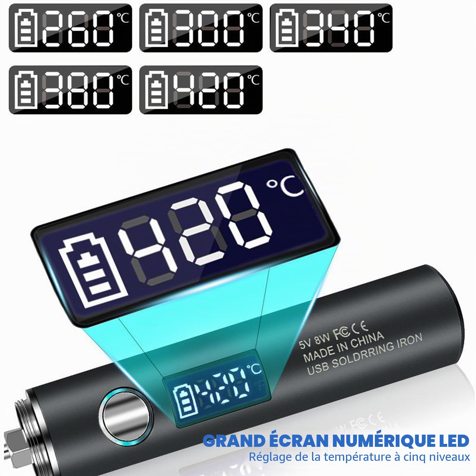 Kit de fer à souder sans fil, portable, rechargeable par USB, avec mode d'éclairage, LCD et 2 pointes interchangeables, 8 W, 5 températures réglables (260 ℃ à 420 ℃) pour réparer le soudage