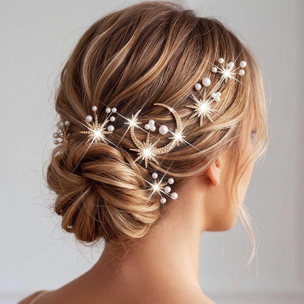 Gold Moon & Star Layered Hair Accessories Hair Brooch Pin Gold Moon and Star Hair Pins, Art Deco Crystal Bridal Hair  main image 3
