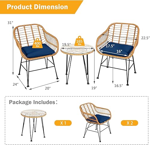 Miniatura 5 de Tangkula Juego de 3 piezas de patio bistró, juego de conversación de ratán con 2 sillones acolchados y mesa de centro redonda de cristal, juego de