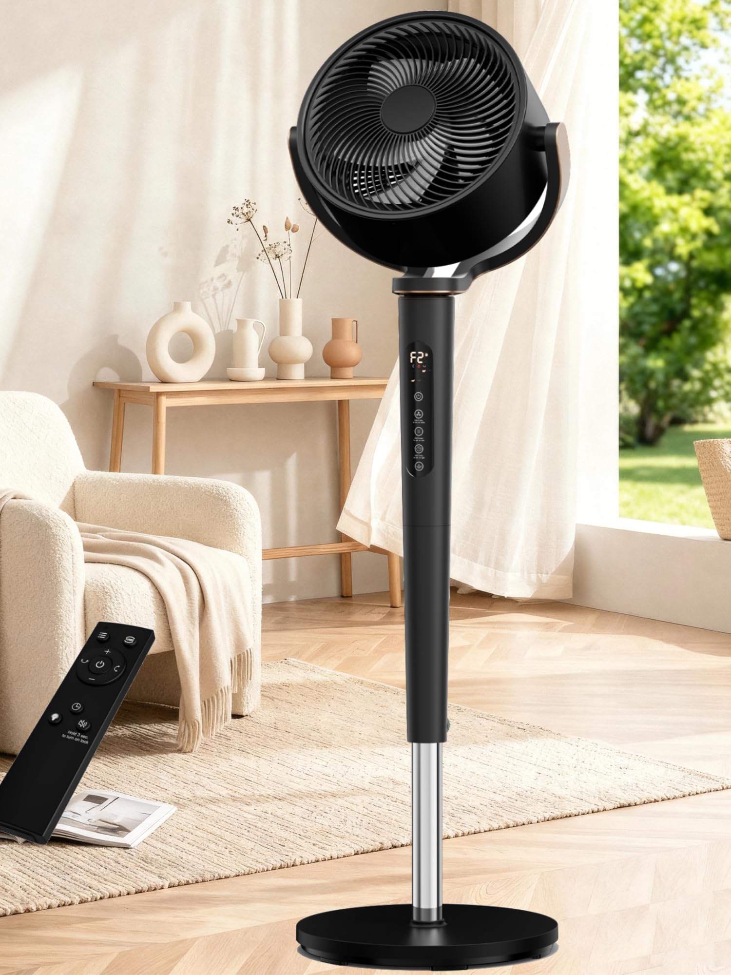 Uthfy Fan for Bedroom, 120°+120°Omni-directional Oscillating Fans, 120FT DC Motor, 16 Speeds, 4 Modes, 38-46” H Standing Fan wit Remote, 12H Timer
