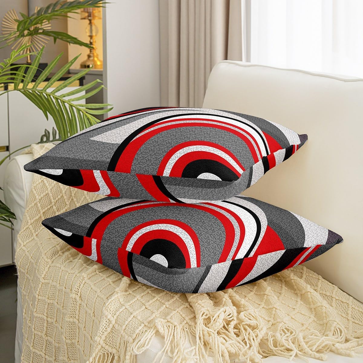 Red Grey Black Stripes Reversible Outdoor Throw Pillow Covers 18 x 18-Inch Geometric Pillow Covers Home Decor Set for Teens Geometric Abstract Art Square Cushion Covers Set of 2 Modern Striped Art