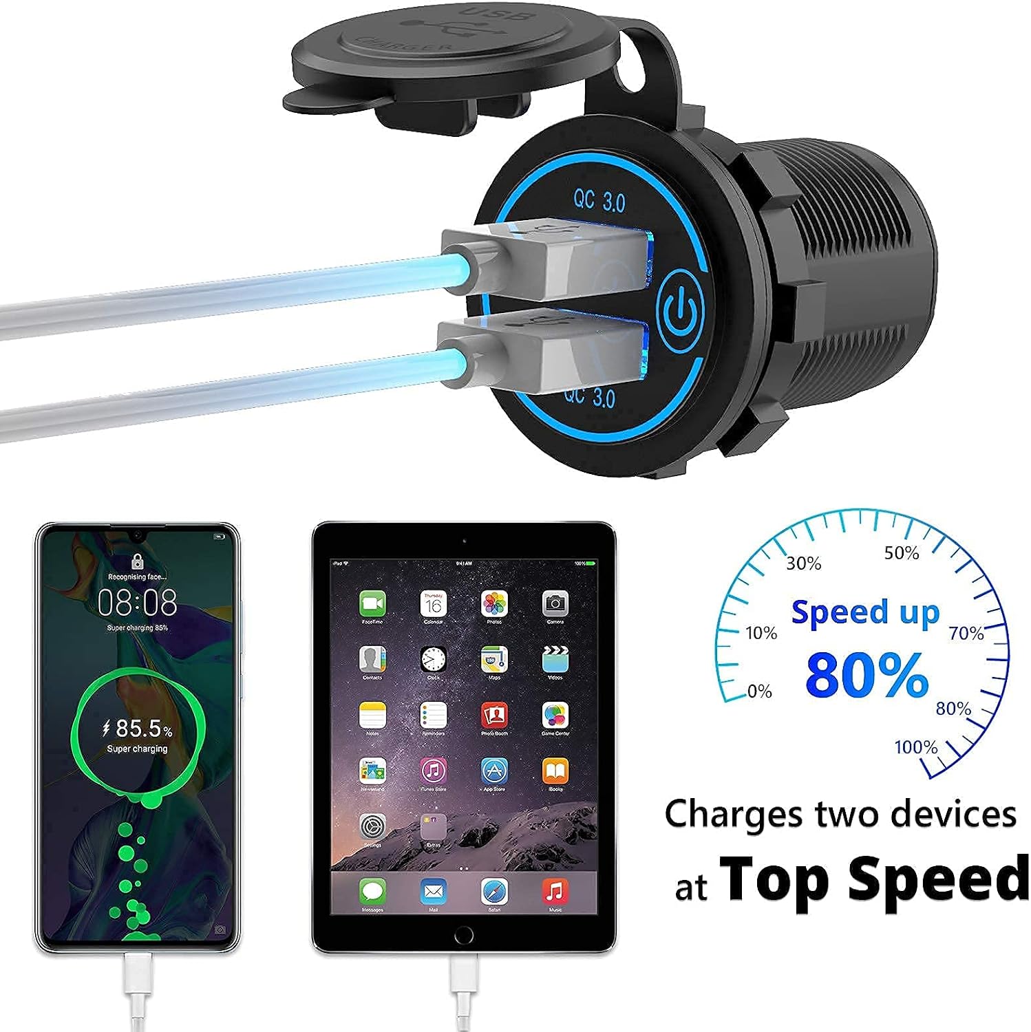 [ 5+2 Pack] Quick Charge 3.0 12V USB Outlet and [2 Pack] USB C Car Charger Socket,Waterproof Dual USB Charger Socket with Touch Switch DIY Kit for 12V/24V Car, Golf Cart, Boat, RV, Motorcycle, Truck image 5