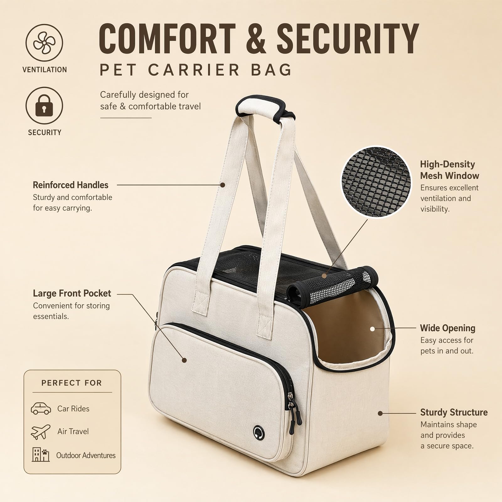 Sac de Transport Petit Chien Chat Tissu Oxford Léger Respirant avec Crochet Sac de Voyage Extérieur Beige