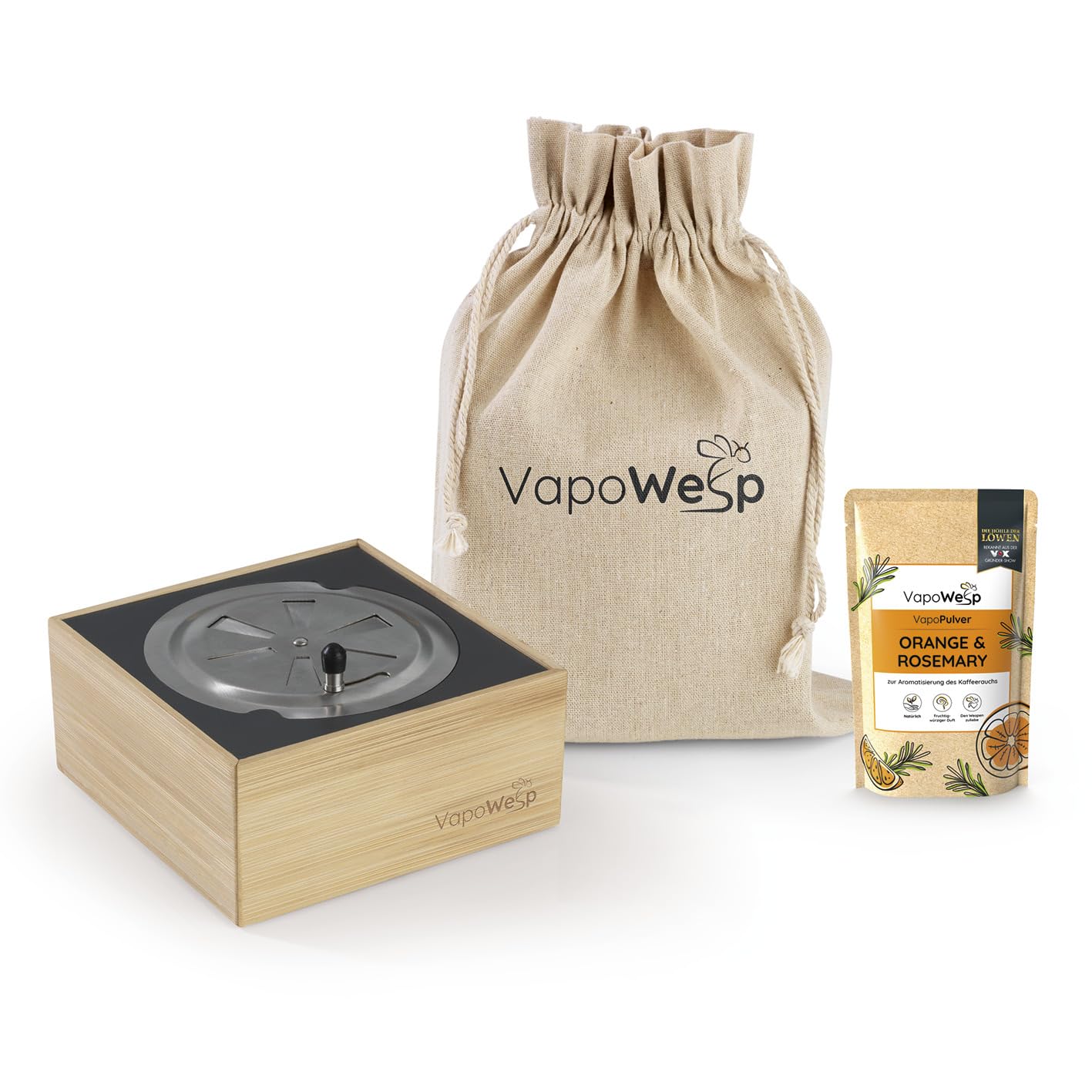 VapoWesp caja de humo contra avispas y mosquitos | Set de inicio incl. 50g de polvo de naranja y romero | Aromatiza el humo de tu café con el VapoPowder