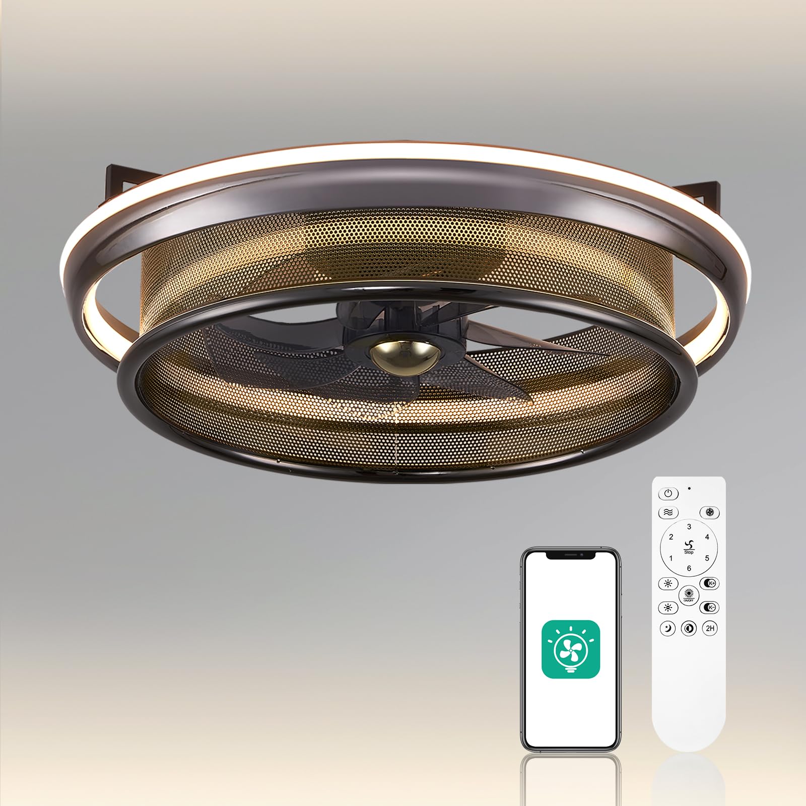 Orison Ceiling Fan with Lights, 19.7" Low Profile Ceiling Fan with Remote/APP Control, Flush Mount Ceiling Fan Lights, 3 Light Color and 6 Speeds Timing for Bedroom(Pearl Black)