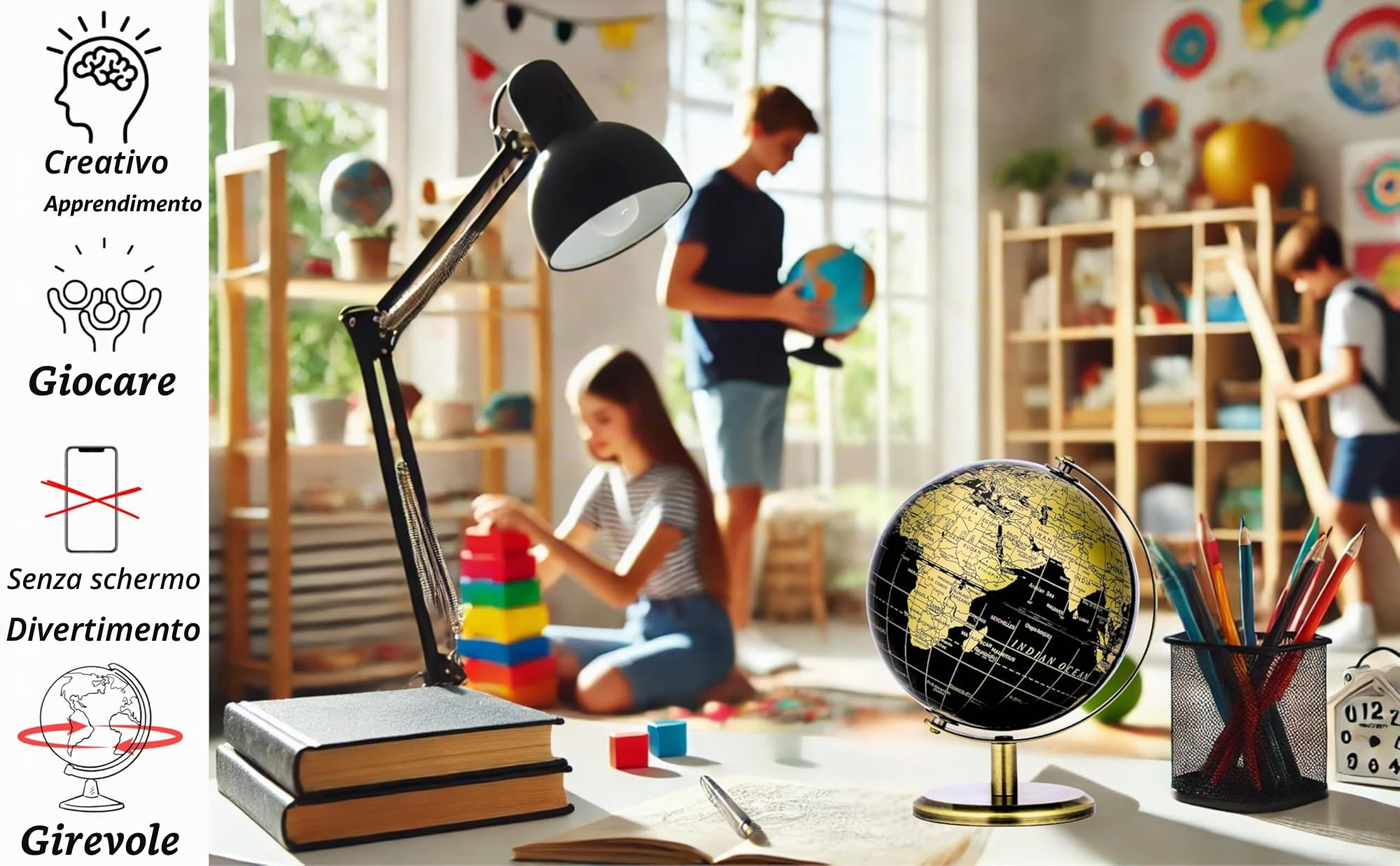 Exerz Mappamondo Nero e Oro 14cm, Mappa in Inglese,Mini Globo Geografico Educativo con Arco e Base in Bronzo, Elegante Decorazione e Strumento Didattico