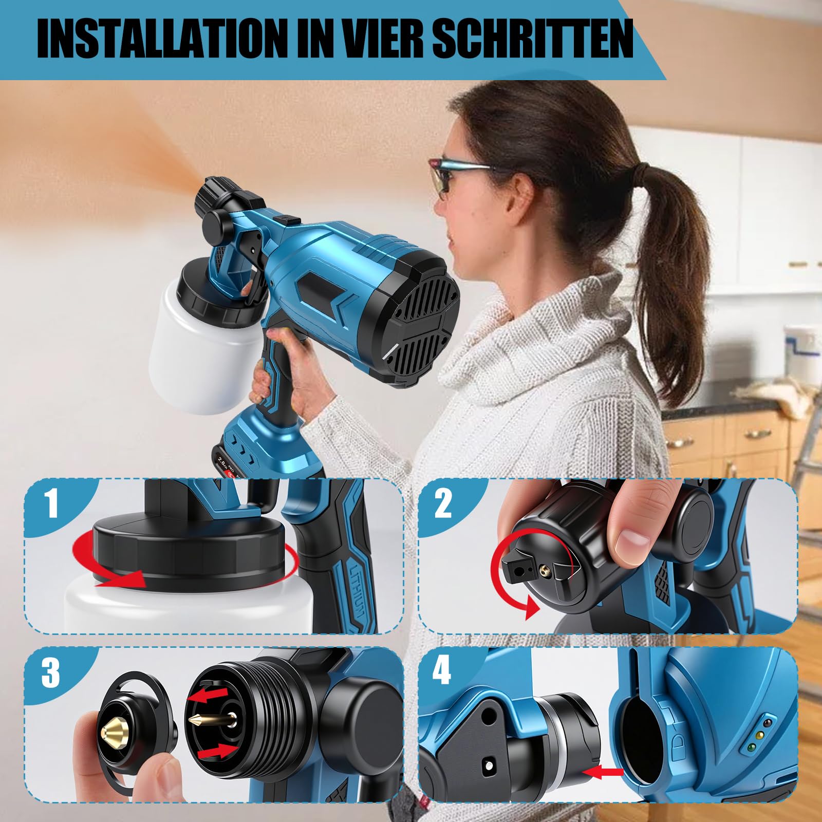 Sistema de pulverización de pintura con batería, 1000 ml, 3 patrones, pistola de pintura eléctrica con 3 boquillas y 2 baterías de 2000 mAh, para vallas, muebles, armarios, paredes, techos