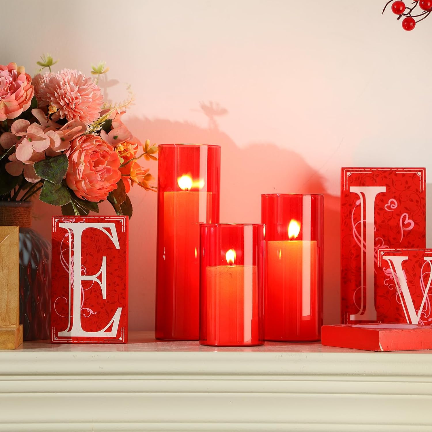 Shihanee 36 Pcs Valentine's Day Pillar Candles with Red Glass Cylinder Vases Tall Cylinder Holders for White Pillar Candles Wedding Table Centerpieces, Total 18 Sets, 2.6'' x 4.7'', 5.9'', 7.9''