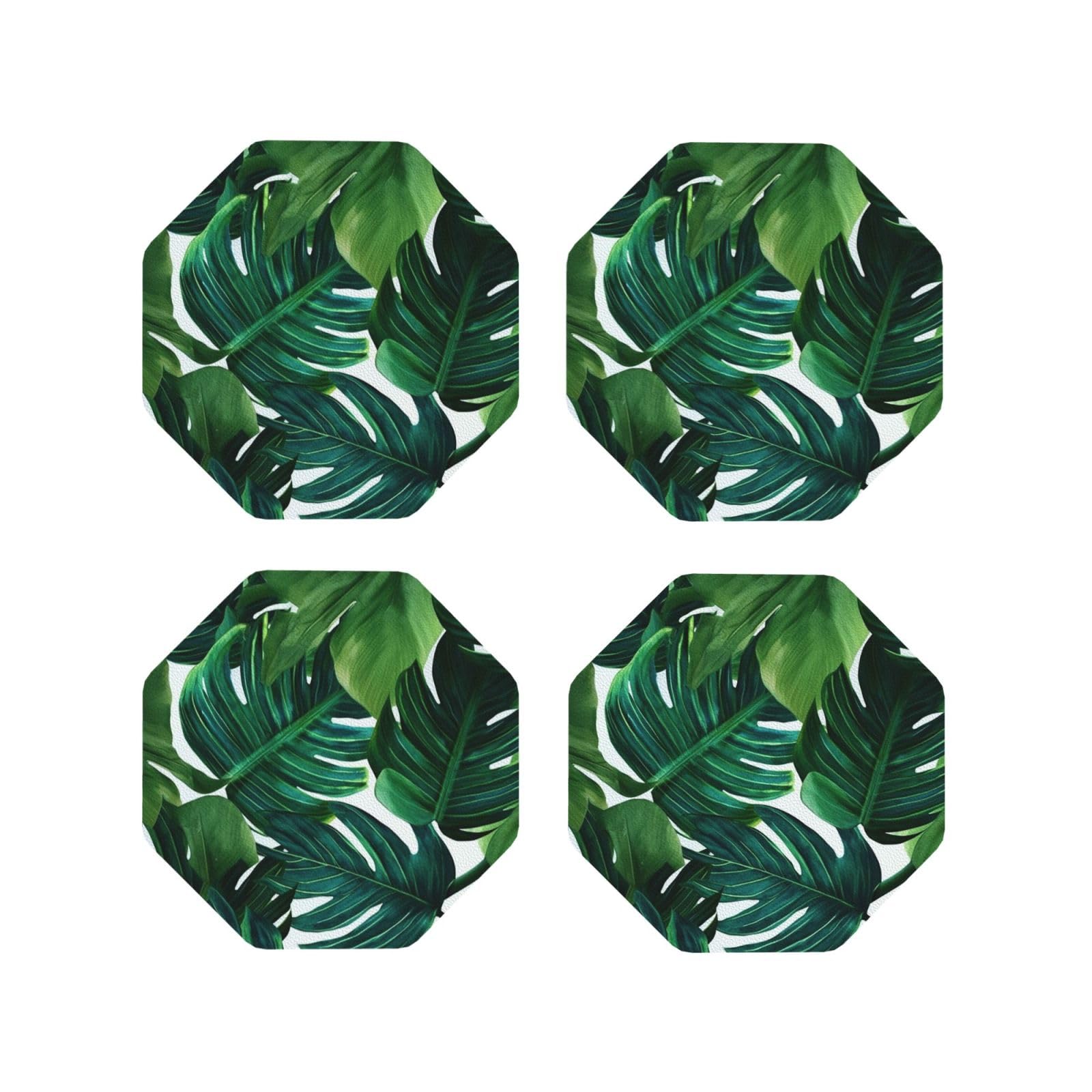 4Pcs PU Leather Coaster for Drinks, Banana Leaves Cup Coastersr 4" Cup Mat Pad, Aesthetic Drink Coasters for Coffee Table, Octagon Coaster for Tabletop Protection