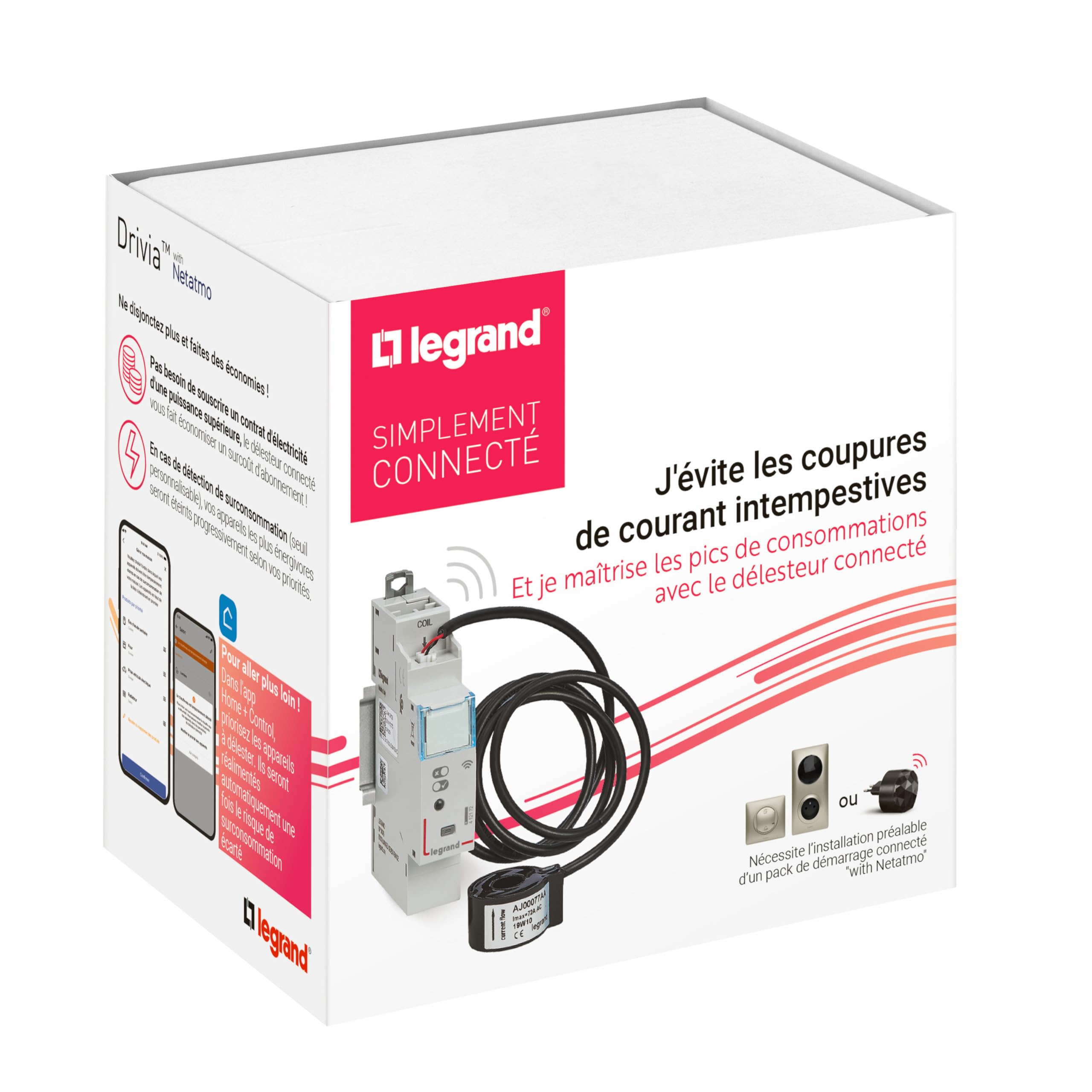 LEGRAND - 199120 - Délesteur modulaire connecté Drivia with Netatmo - Compatible avec l'App Home + Control - Livré avec 1 tore de mesure fermé 80A maximum - Emballage BTC - Gris
