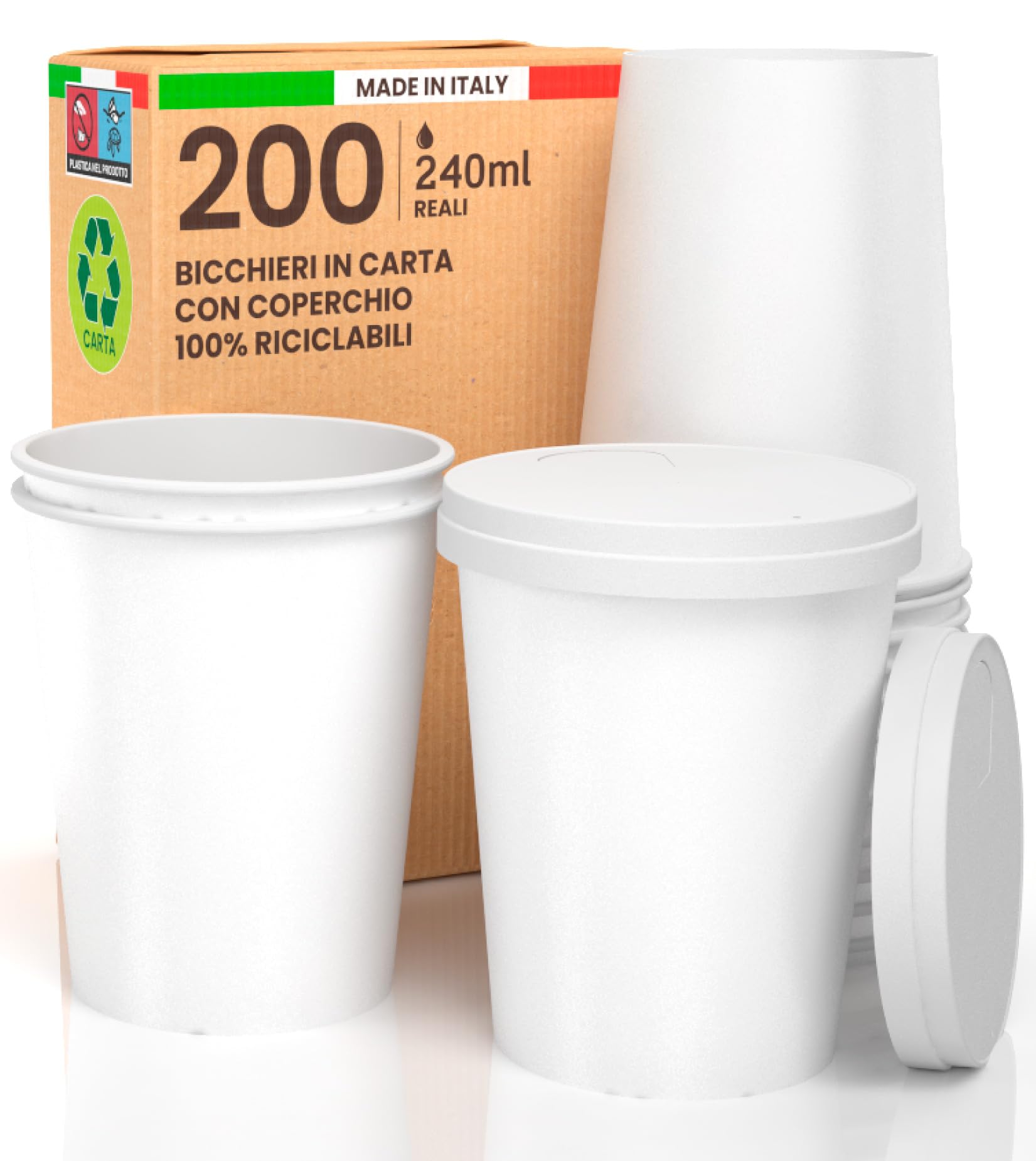 200 vasos de café para llevar, de papel blanco de 240 ml + 200 tapas de papel con boquilla para bebidas calientes y frías, té infusionado, agua, capuchino, ecológicos, biodegradables, tazas