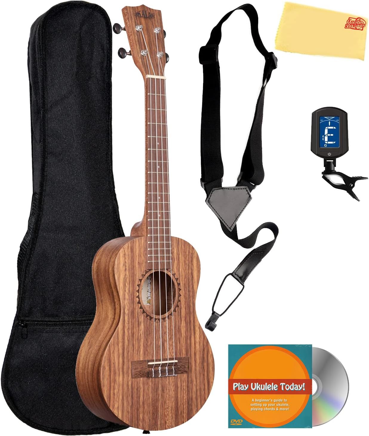Kala KA-TEAK-C Teak Concert Ukulele with Gig Bag, Strap, Clip-on Tuner, Austin Bazaar Instructional DVD and Polishing cloth