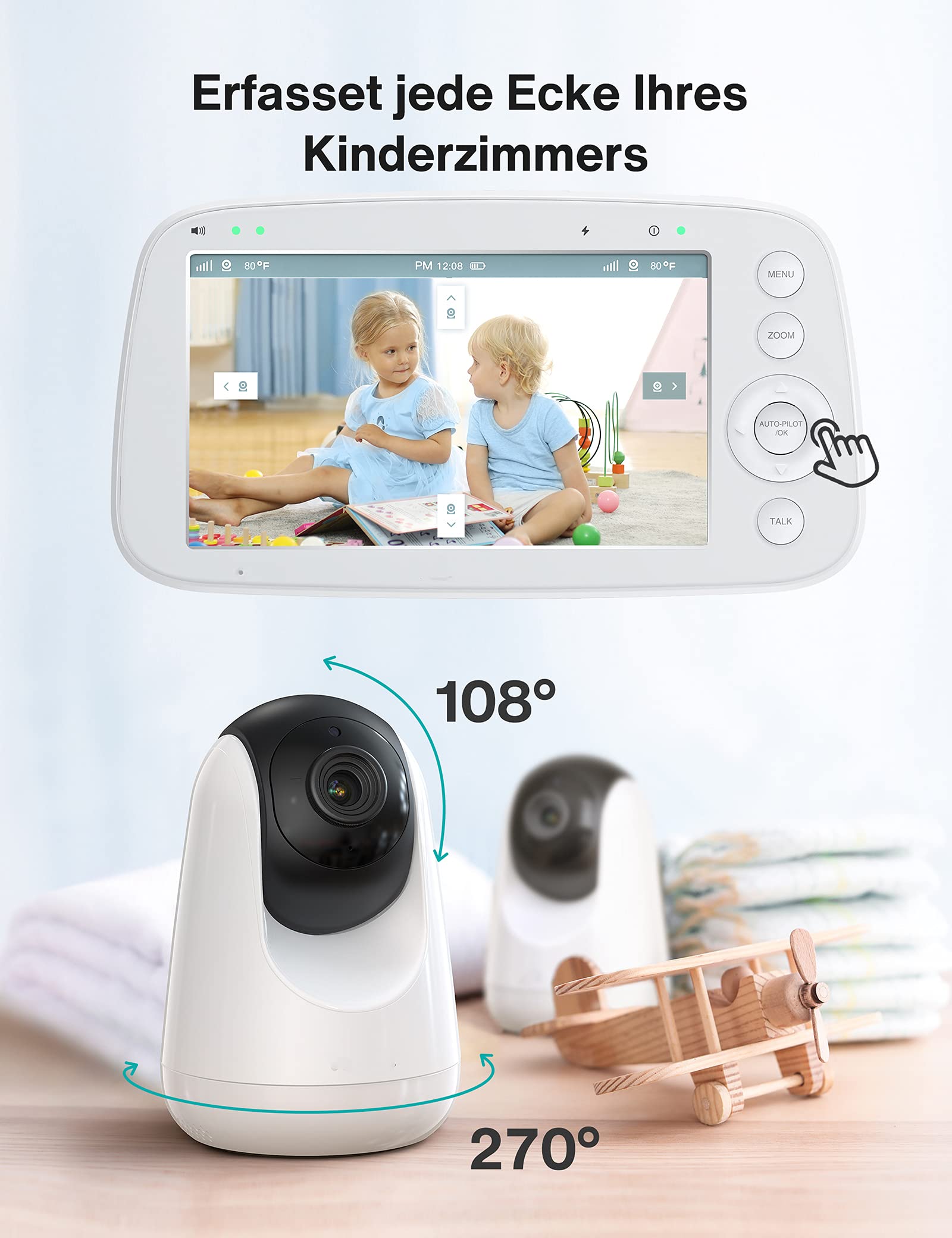 Babyphone mit teilbarem Bildschirm, 5" 720P mit 2 Kameras, Audio und Video Überwachung, Schwenken Neigen Zoom, 300m Reichweite, 4500mAh Akku, Infrarot Nachtsicht und Wärmemonitor