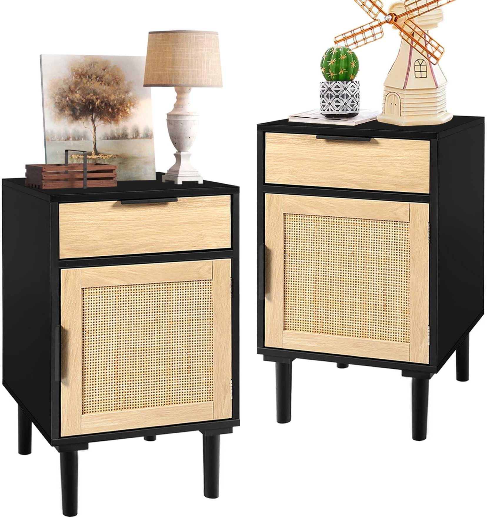 FUQARHY Black Nightstand Set of 2 Tall Rattan Night Stand