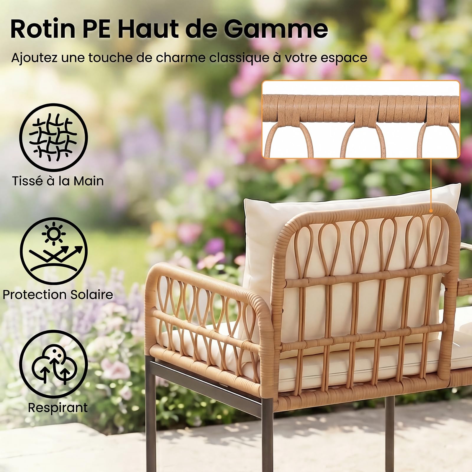 COSTWAY Banc de Jardin en Rotin PE avec Coussins & Table, Canapé de Jardin 2 Places, 5 Pieds en Métal, Patins Réglables, Banquette pour Balcon Terrasse, Charge 150 kg par Siège, 137 x 64,5 x 84 cm