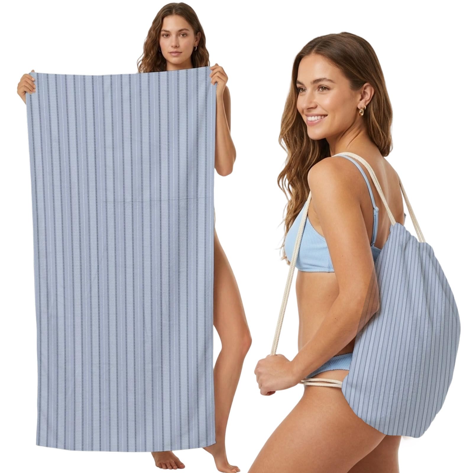 Beach Towel Bag 2 in 1 Blue Pinstripes Bath Pool Towels Backpack Modern Lines Vertical Stripes Absorbent Beach Towel Soft Quick Dry Lightweight Packable Towels Drawstring Bag for Travel Sports Yoga