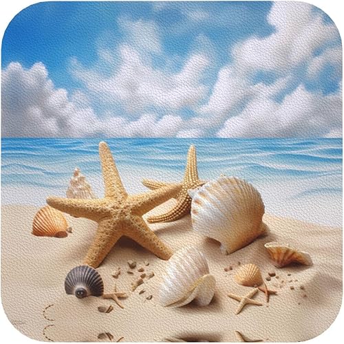 Juego de 6 posavasos de cuero con estrellas de mar y conchas marinas de playa de verano para mesa de centro para inauguración de la casa, cocina,