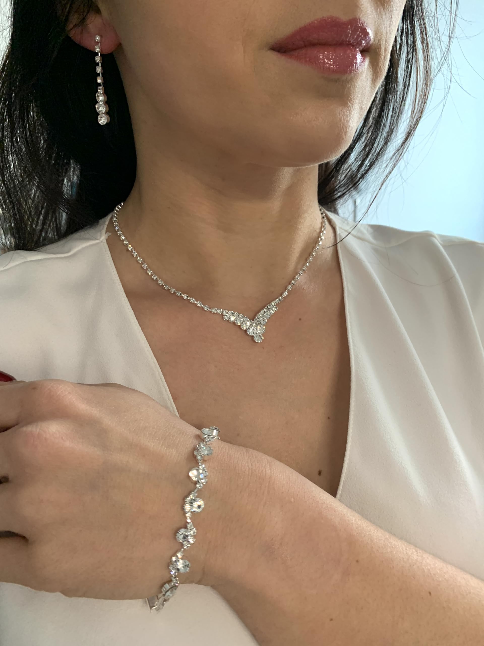 3er Set V Schmuck Damen – Silber Strass Collier Halskette mit Ohrringen & Armband – Verstellbare Kette 38–48 cm, elegantes Schmuckset für Hochzeit, Abiball, Kommunion & festliche Anlässe