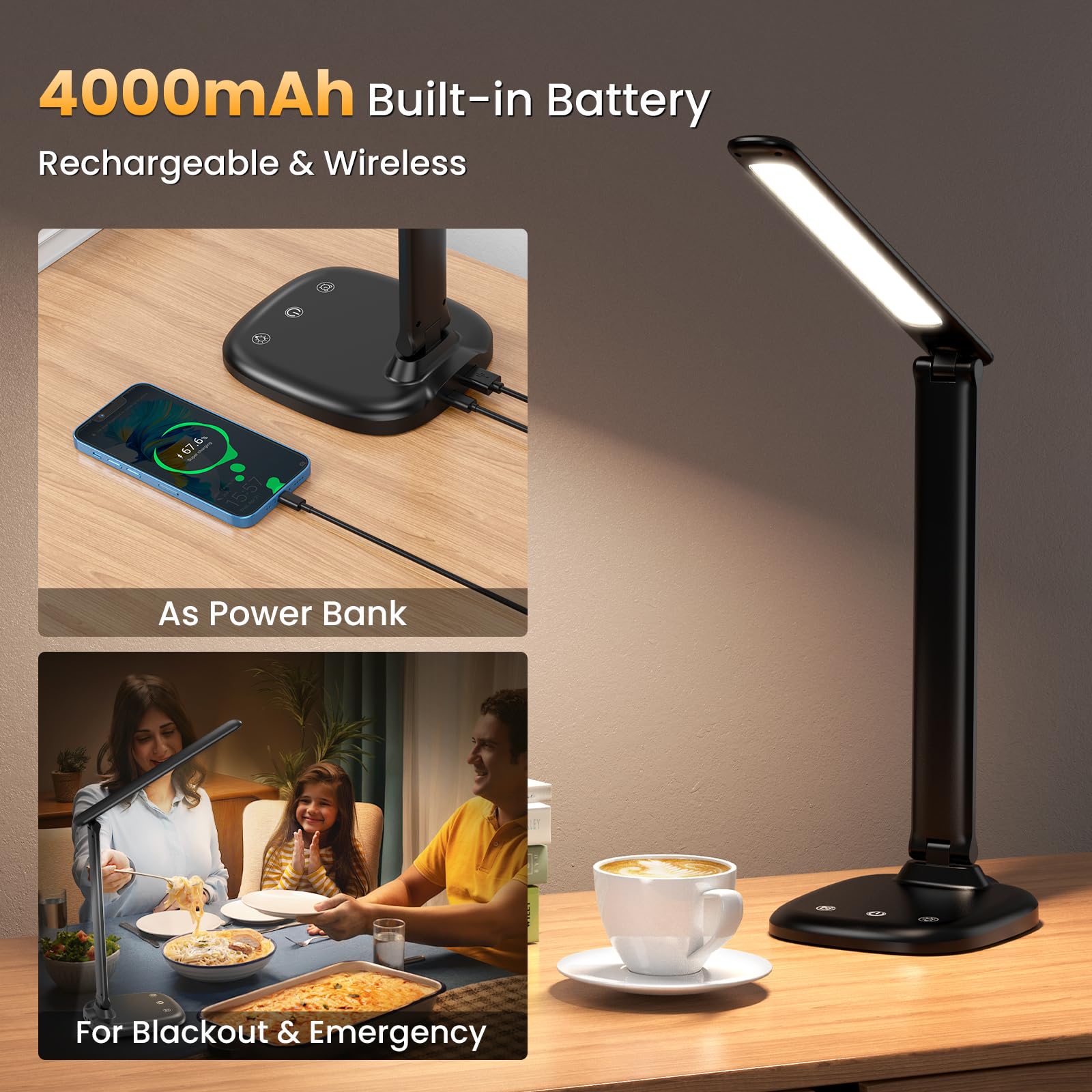 Lámpara de Escritorio, 5 Modos de Lampara Escritorio LED, Batería 4000mAh con Puerto de Carga USB, Control Táctil, Temporizador y Memoria, Flexo LED Escritorio para Cama, Oficina, Leer y Estudiar