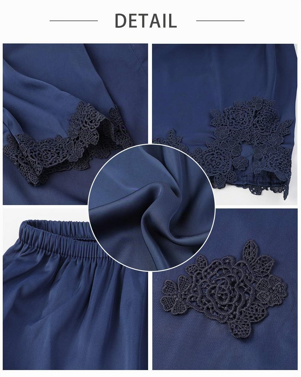 Superora 5PC Schlafanzüge Nachthemd Set für Damen Satin Morgenmantel Spitze Lace Bademantel Shorts Rock Hosen