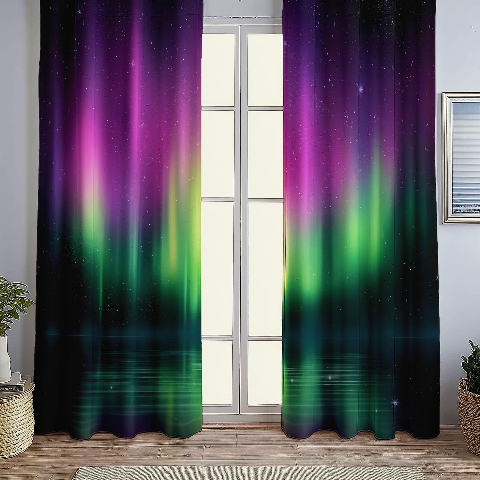 Verdunkelungsvorhänge H215 x B110 cm (2er Set), Natürliches Nordlicht Muster in Lila Grün, Thermo-Ösenschals für Wohnzimmer und Schlafzimmer