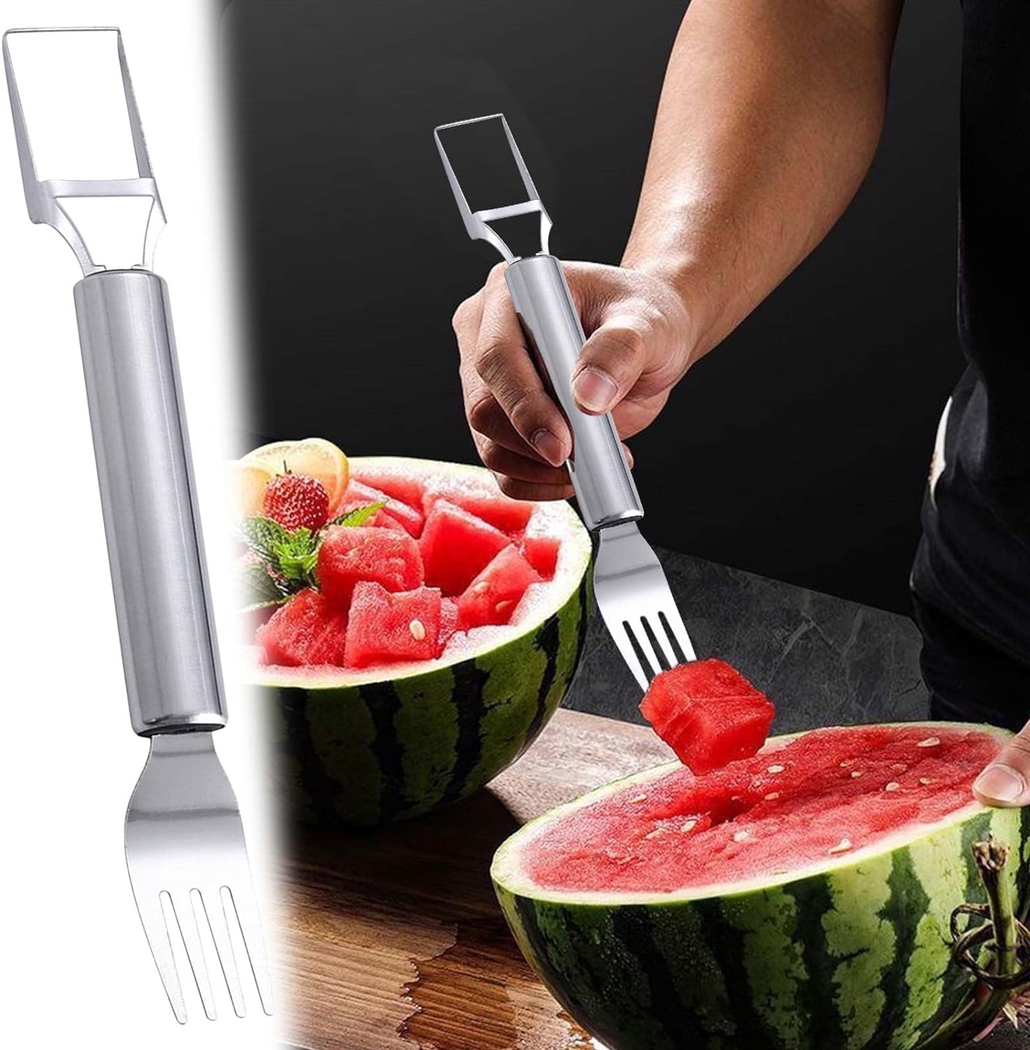 2-in-1 Wassermelonen Schneider Edelstahl - Obstschneider & Gabel Für Perfekte Melonenwürfel