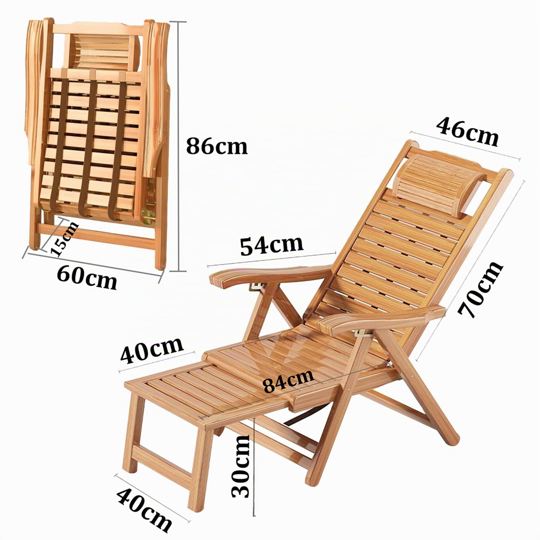 Sedia a Sdraio in Legno Sedia Reclinabile da Esterno, Lettino Prendisole da Giardino Regolabile in 5 Posizioni, Poltrona Salotto Pieghevole per Balcone Terrazza, con Cuscino
