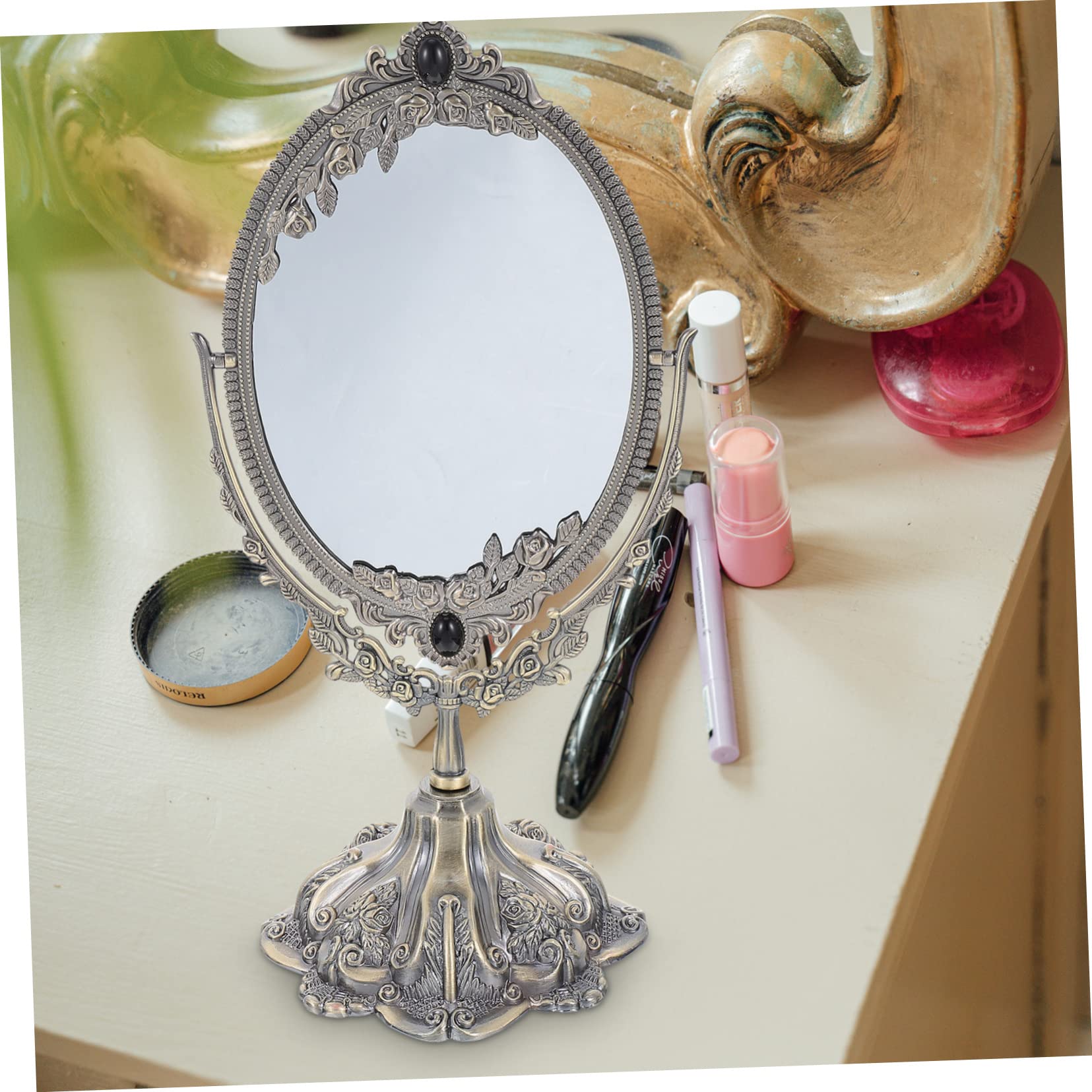 Doppelseitiger Vintage Schminkspiegel aus Zinklegierung für Frauen | Drehbar, Flacher Standfuß, Europäischer Stil, Hochauflösende Sicht, Geeignet für Make Up und Hochzeit