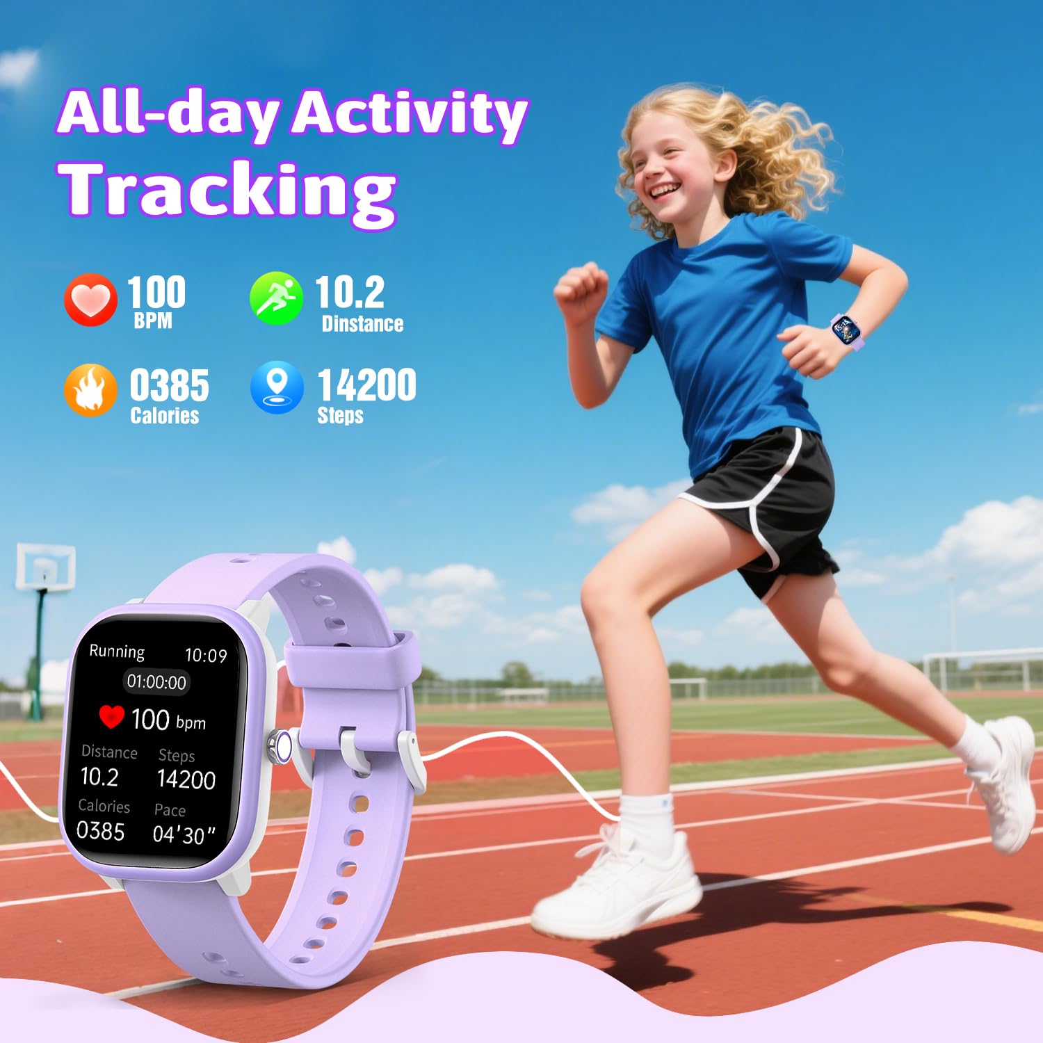 Fikami Reloj Inteligente para niños niñas No App No se Necesita teléfono, 1.83 "IP68 Impermeable Reloj Deportivo, frecuencia cardíaca, Juegos de Rompecabezas para niñas niños Adolescentes 6-16