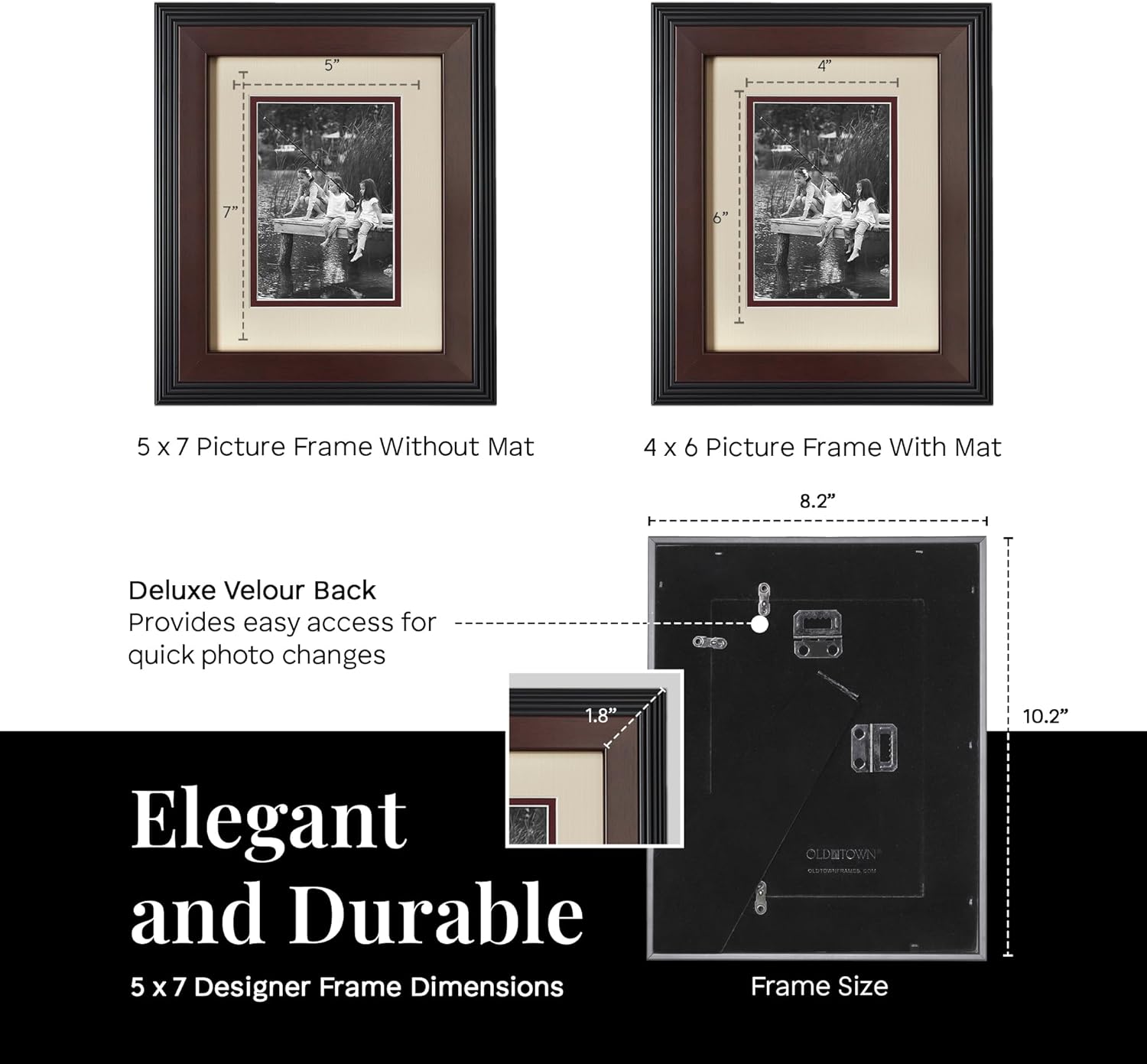 Old Town Designer Picture Frames, 5x7 Picture Frame 2 Pack with Deluxe Velour Back and Removable 4x6 Mat, Photo Frame for Desk or Wall Decor, Made from Post-consumer EPS & Acrylic Glass, Walnut