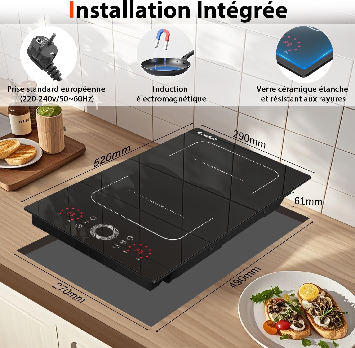 Plaque Induction 2 Feux avec Prise, Plaque à Induction Encastrable 29CM, Zone Flexible, Curseur Circulaire, Verrouillage de Sécurité, Minuterie, Cooksir Induktionskochfeld 2 Platten mit Stecker