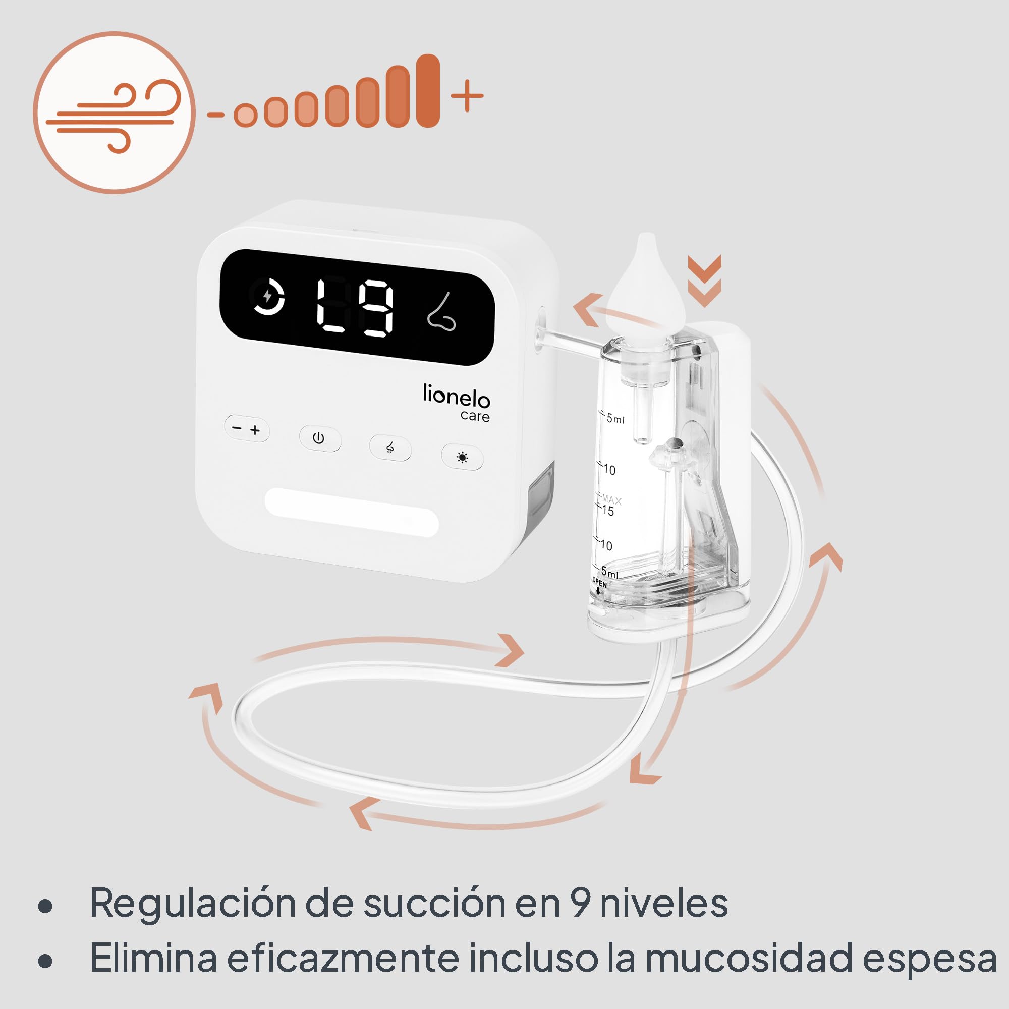 Lionelo BabyAir Flow Aspirador nasal eléctrico para bebés y niños | 9 modos de succión | Limpieza potente y suave | USB-C recargable | Batería de hasta 2,5 horas | Luz nocturna | 3 puntas de silicona