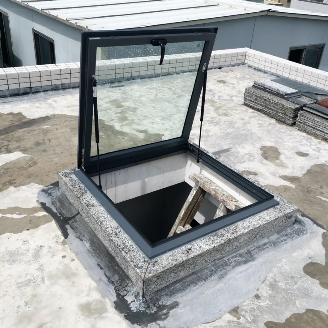 YVYKFZD Skylight House Roof Window, Aluminum Flat Roof Lighting Well Window, Viewing Window with Handles, Rooftop Hatch Lid Small Window for Attic/Sun Room(Black-B,LxW 60x60cm/23.6x23.6in)