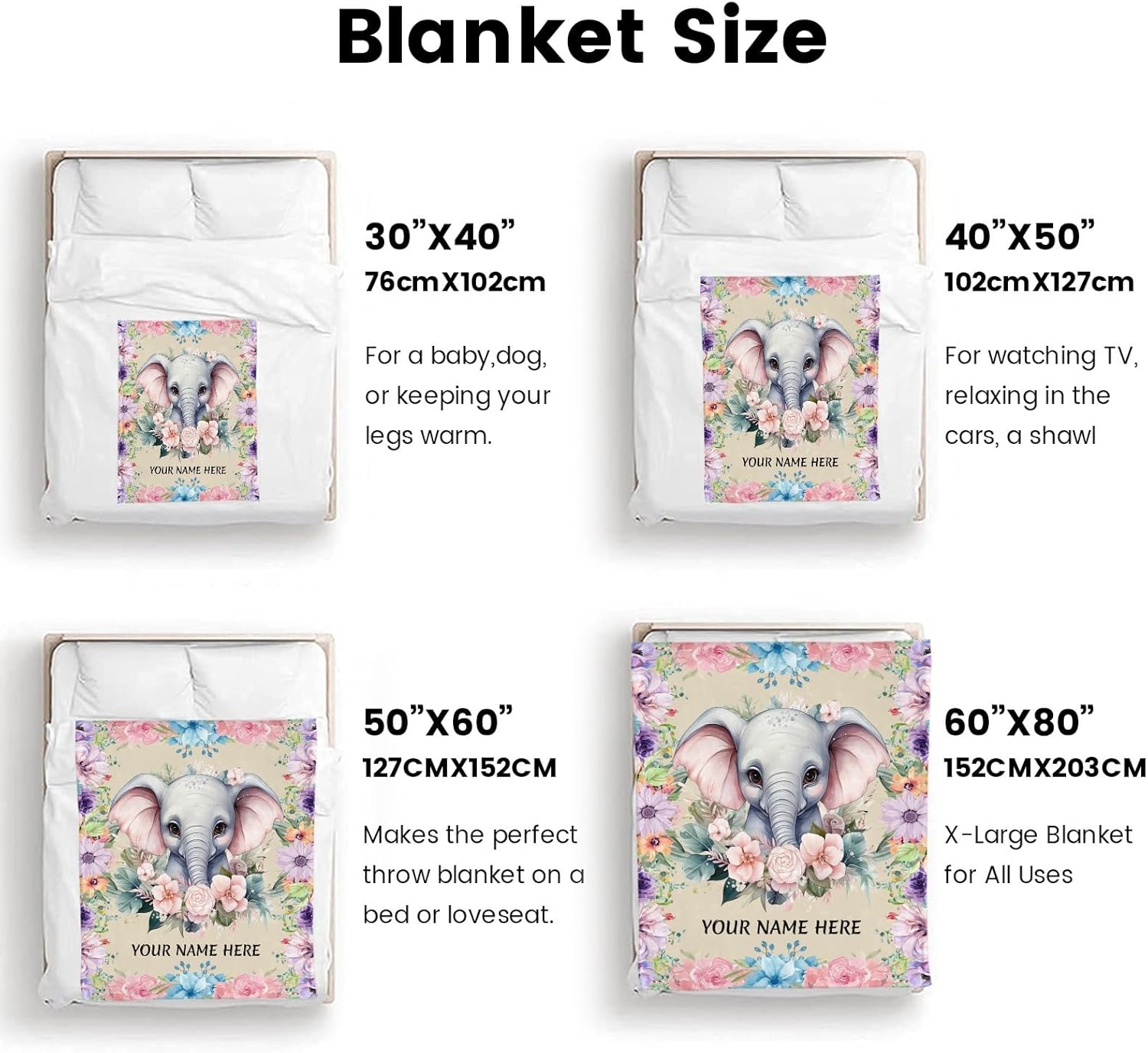 Customized Elephant Blankets and Throws, Personalized Blanket with Name for Girl Women, Soft and Comfortable, 60"" x 80""