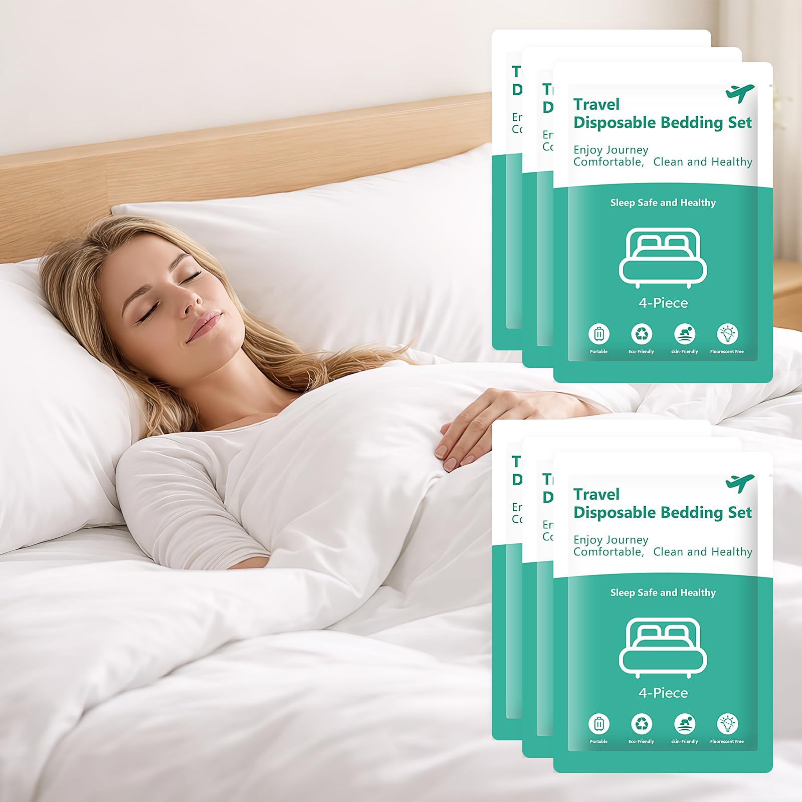 OJMHD 6 Pack Disposable Bed Sheets Set for Travel, Hotel Disposable White Bedding Sheet with Quilt Cover & Pillow Cases, King Size Portable Bedspread Kit for Camping, Business Trip Hospital Camping