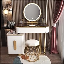 Vanity Table Glass Dressing Table Makeup Modern Simple Advanced Solid Wood Dressing Table Bedroom Storage Dressing Table Smart Mirror Makeup Stool Set Makeup Table,White+Gold-80Cm