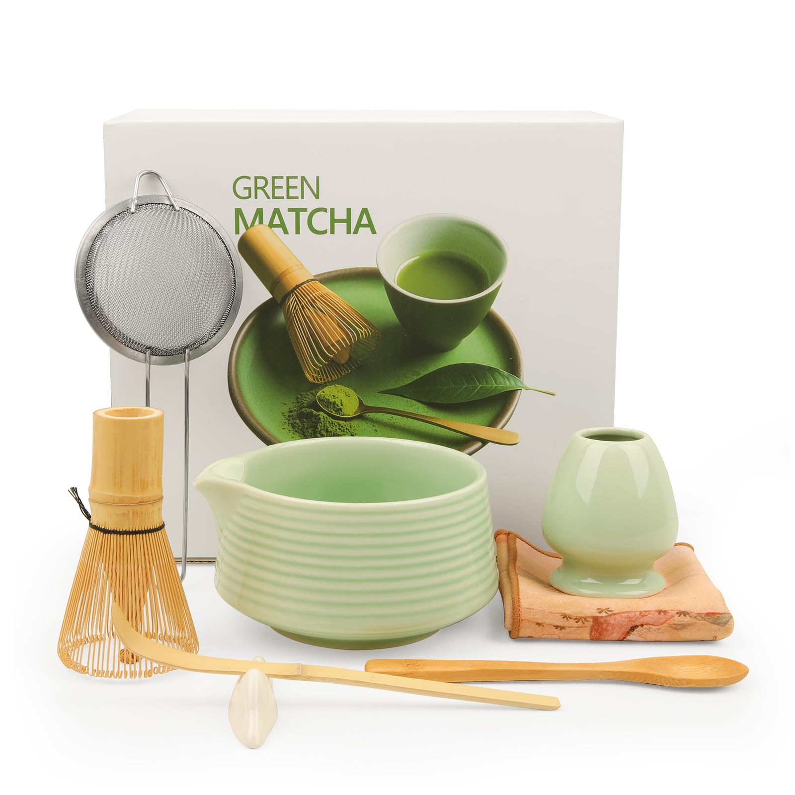 Matcha Whisk Set for Tea Lovers: GEEKHOM 8Pcs Ceramic Matcha Tea Set with Bamboo Whisk, Bowl, Scoop & Holder - Gift for Starter Friend Family Traditional Japanese Tea Ceremony and Breakfast