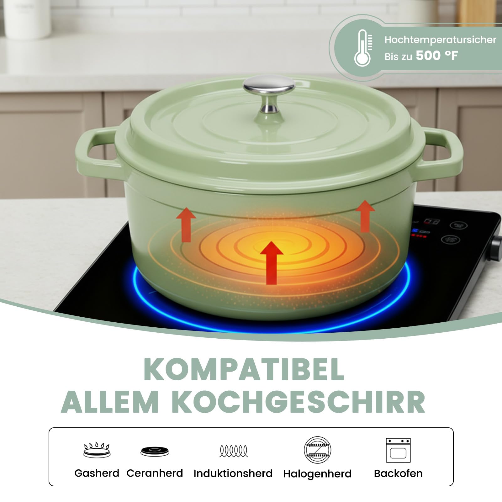 Pentola in ceramica smaltata in alluminio pressofuso, adatta al forno: padella antiaderente, facile da pulire, con coperchio per tutti i piani cottura (verde, 4,75 l)