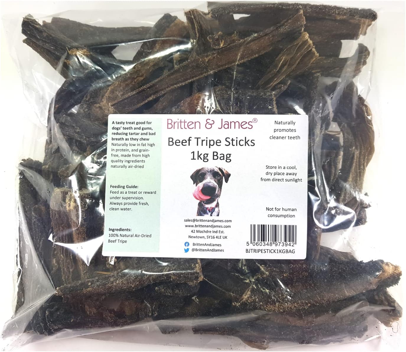 Beef Tripe Sticks for Dogs (1kg refill bag) by Britten and James. A 100% Natural Dog Treat - Reduces Tartar and Bad Breath - Good for Teeth and Gums