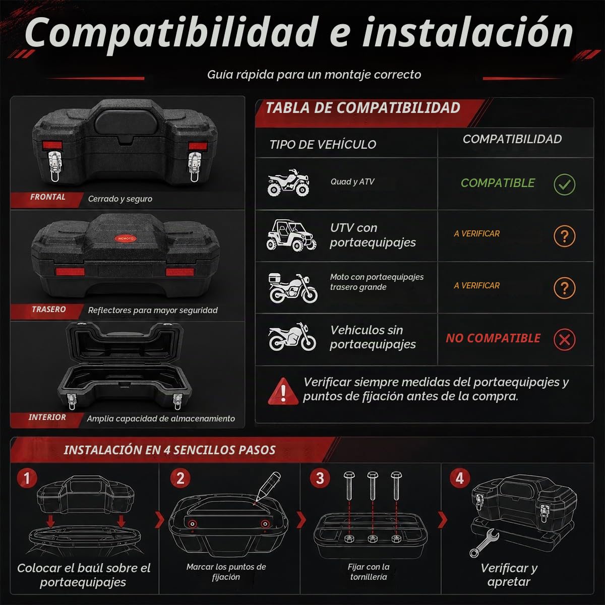 Caja Trasera ATV Quad 47L en HDPE,Baúl Rígido con Respaldo Integrado y Cierres Metálicos,Contenedor para Vehículos con Portaequipajes,75 x 40 x 31 cm,Negro