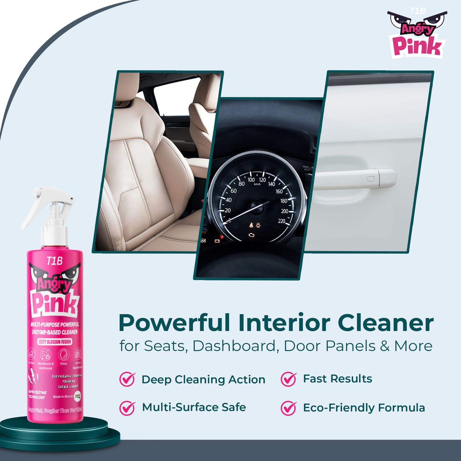 Angry Pink Powerful Car Interior & Bike Cleaner Spray | Enzyme Based Degreaser for Dashboard, Seats, Plastic & Leather | Removes Oil, Dirt & Grease | Multipurpose Auto Interior Cleaning Spray(400ml) 3