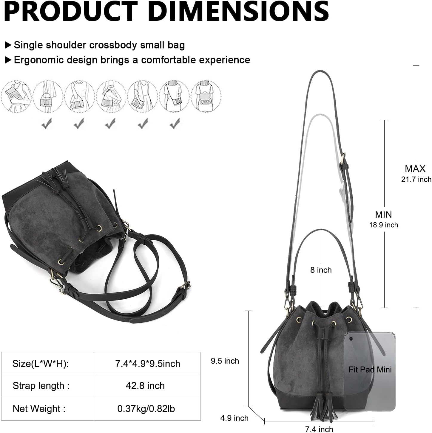 AFKOMST Faux Suede Bucket Bags and Drawstring Crossbody Purse for Women Medium Tote Handbags with 2 Shouder Straps | Fit Pad mini, Long Wallet, Removable Long Strap